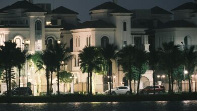 a large white building with palm trees in front of it