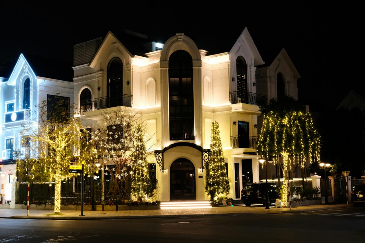a large white building with christmas lights on it