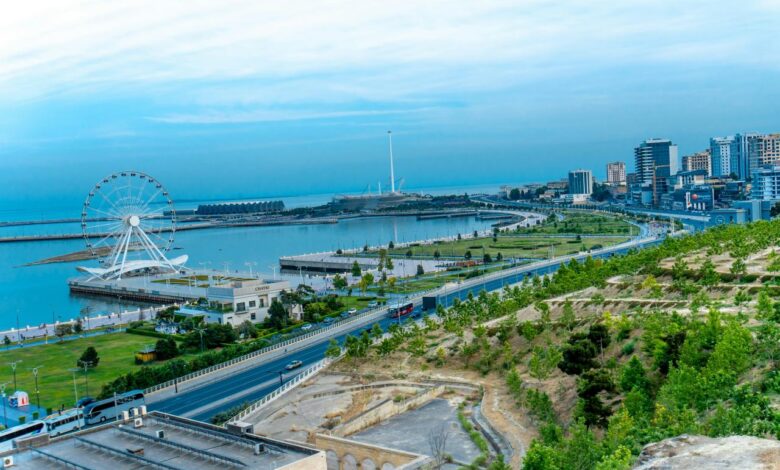A beautiful cityscape view with a ferris wheel.