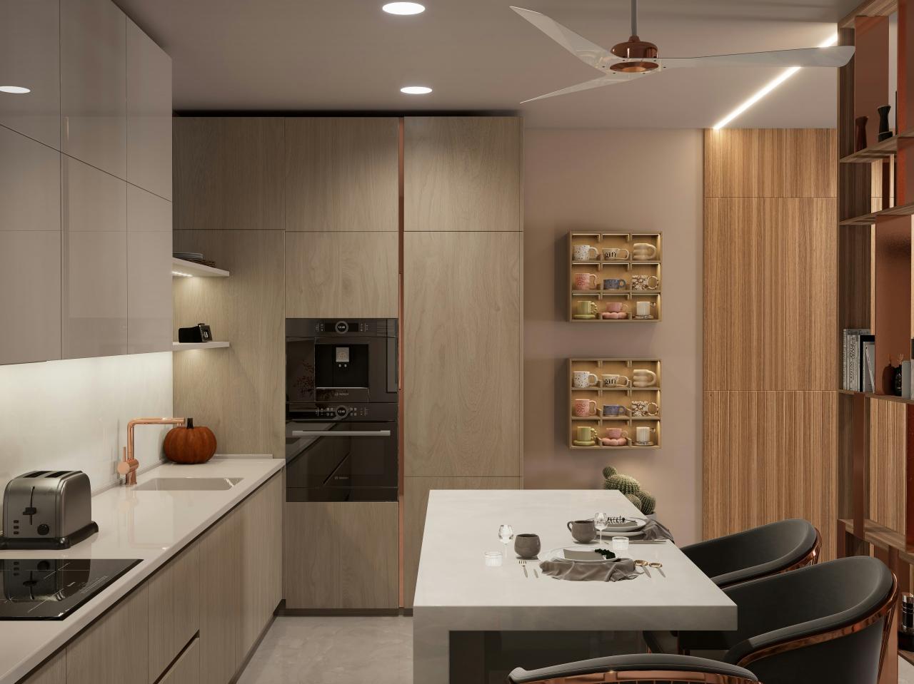 A modern kitchen with a small breakfast bar.